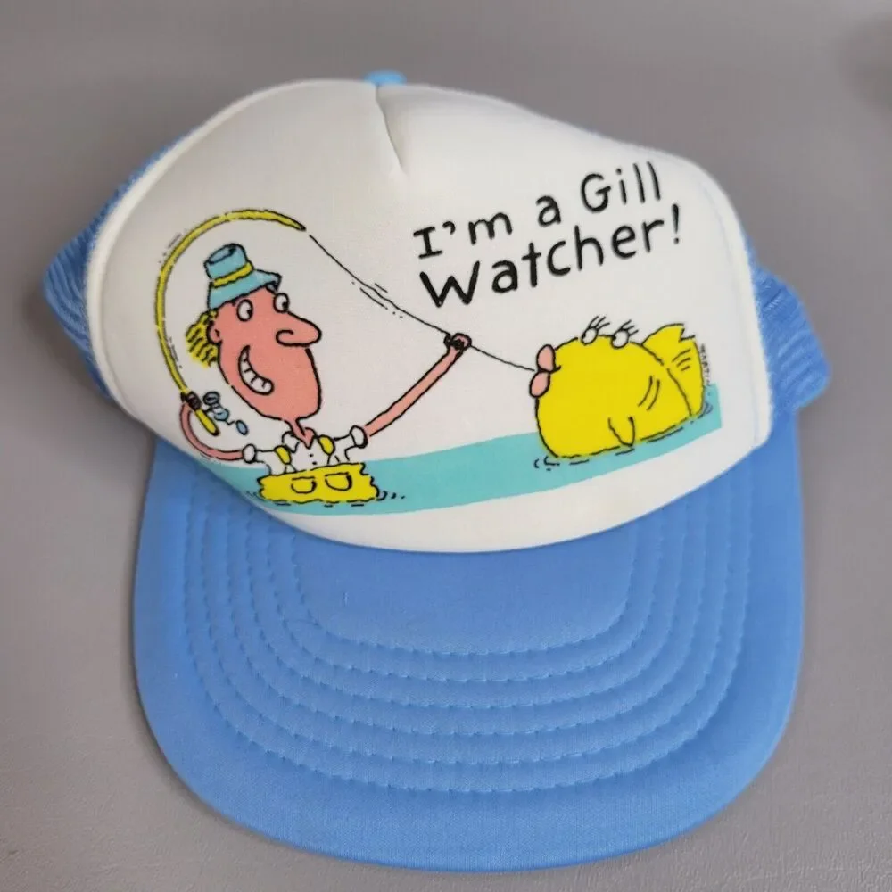 Vintage 90s Streetwear I'm A Gill Watcher Fishing Trucker Hat Cap Snapback Blue